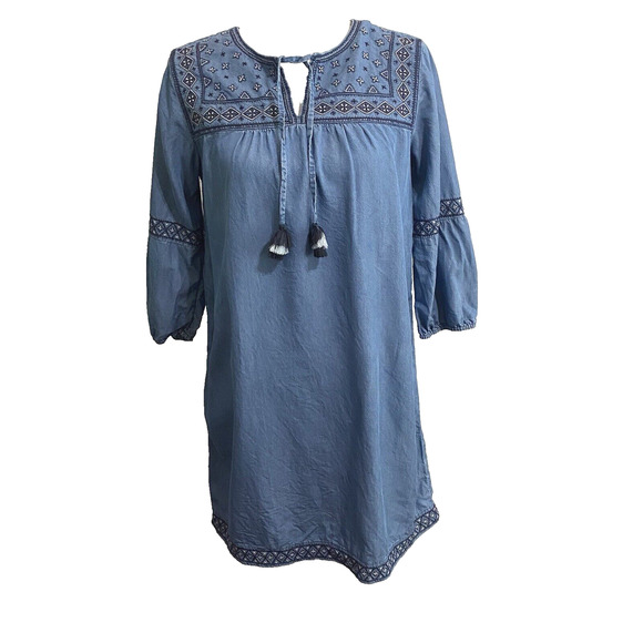 J Jill Denim Chambray Dress Womens Sz S Boho Embroidered Tassels 100% Tencel - Picture 1 of 9